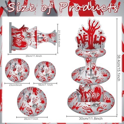 Keluna Halloween Bloody Birthday Party Decorations - 3 Tier Scary Bloody Help Handprint Cupcake Stand Horror Theme Party Supplies Dessert Tower Holder for Halloween Theme Table Decorations
