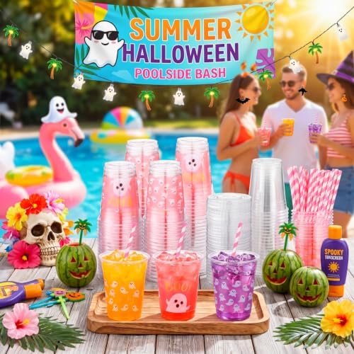 Jingmore 50 Pcs Pink Halloween Ghost Plastic Clear Cups with Lids Straws