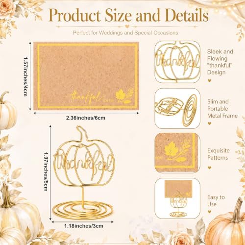 FillTouch 6 Set Thanksgiving Place Card Holders Pumpkin Photo Card Holders Decoration Fall Pumpkin Centerpiece for Table Decor Autumn Wedding Farmhouse Thanksgiving Harvest Party Supplies (Thankful)