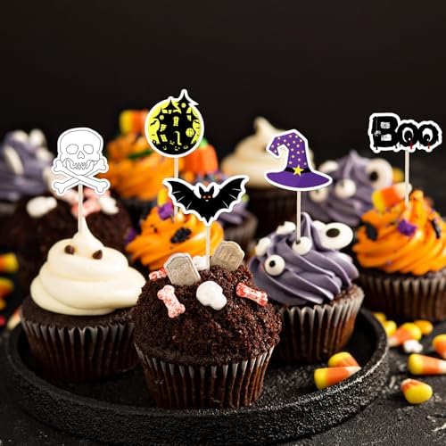 NEBURORA 64 Pcs Halloween Cupcake Toppers Pumpkin Bat Ghost Boo Cake Picks