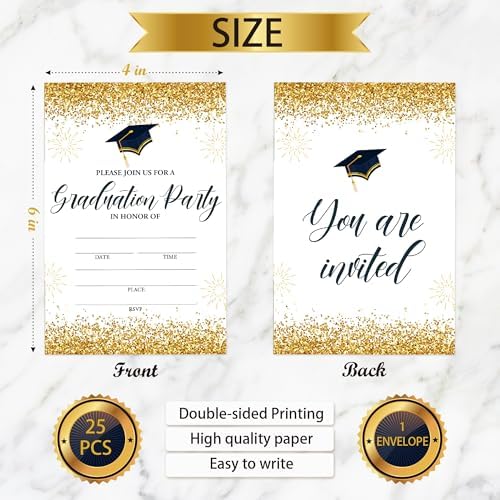2026 Graduation Invite Cards, 25 Graduation Invitations With Envelopes Congrats Grad Graduation Party Supplies For University College Or High School Celebration （Gold） - A02