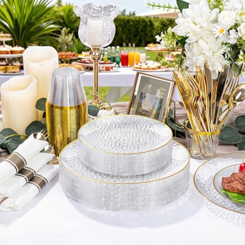 Rubtlamp 700Pcs Gold Plastic Dinnerware Set, Hammered Clear Gold Plates, Fancy Plastic Plates Include 100 Dinner Platos,100 Salad Platos,100 Cups,100 Pack Pre Rolled gold plastic Silverware