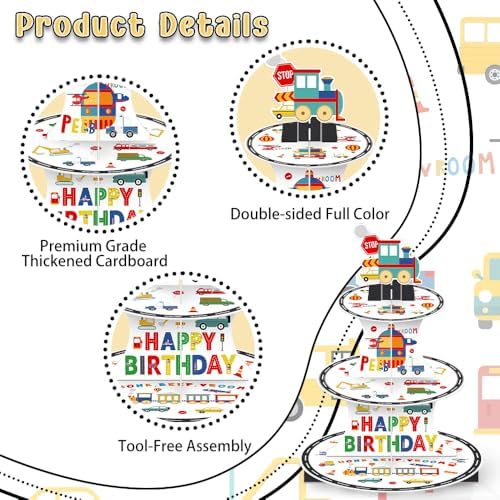 3 Tier Transportation Themed Cupcake Stand with Topper Train Birthday Decorations Boy Birthday Decorations Party Favors Cars Construction Plane Decor Chugga Chugga Two Two Party Supplies 2nd 3rd 4th
