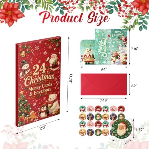 24 Pack Christmas Money Card Holders, 6 Unique Festive Xmas Designs Snowman Polar Bear Santa Reindeer Tree Cash Gift Cards, Includes Envelopes & Stickers, Xmas Cash Check Gift Card Holders for Holiday Present