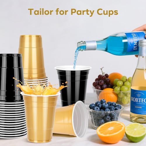 100 Pack Halloween Black and Gold Cups 16 oz, Disposable Plastic Party Cups