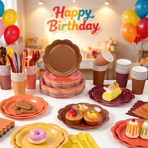 350 Pcs Orange Brown Fall Party Supplies - Red Orange Yellow Autumn Tableware set Include Gradient Scalloped Plate Napkin Cup & Cutlery for Thanksgiving, Fall Wedding, Harvest Party