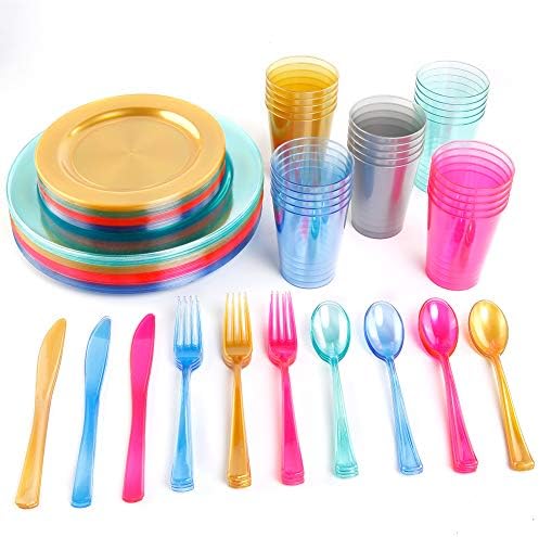 WDF 25 Guest Blue Plates with Disposable Silverware&Blue Cups-Neon Clear Plastic Dinnerware include 25 Dinner &Salad Plates,25Forks, 25 Knives, 25 Spoons,25 Cups for Graduation (Pack of 2)