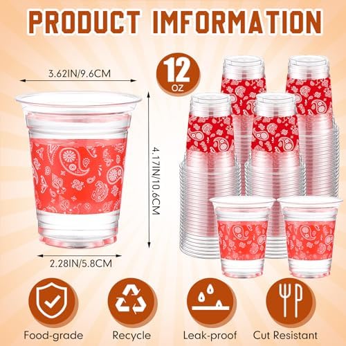 Funnymoom 60 Pack Western Cowboy Plastic Cups, 12 oz, Red Bandana Design