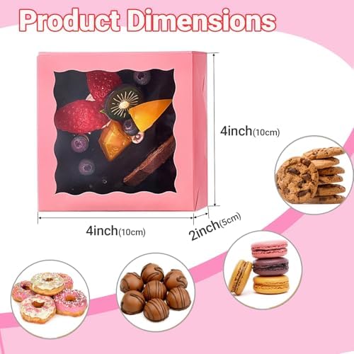100 Pack 4x4x2 Inches Pink Bakery Boxes with Clear Window Perfect for Packaging Macaron Ores Chocolate Truffle Strawberry Cookie Donut Pie Treat Boxes for Wedding Valentine's Birthday