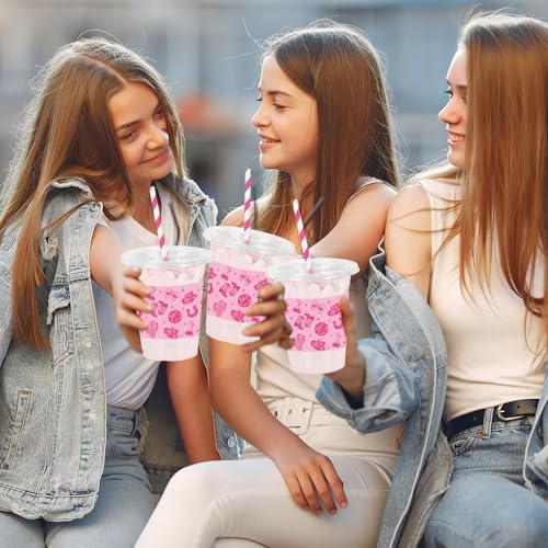 Whaline 50Pcs Pink Pony Club Plastic Cups Disposable Cups with Lids Straws 12oz Hot Pink Western Cowgirl Clear Plastic Cup for Birthday Bachelorette Party Supplies