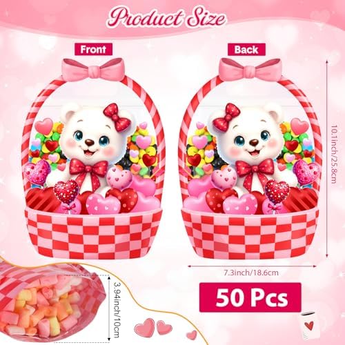 Fuutreo 50 Pcs Valentine Goodie Bags Valentine Bear Treat Bags with Handles Resealable Plastic Red Love Gift Pouches for Holiday Candy Wrapping, Party Goodie Supplies Romantic Gift Decor (Bear)