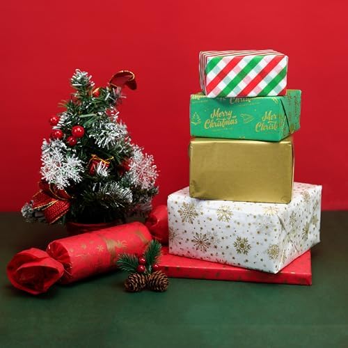 Bobobag 150 Sheets Christmas Tissue paper for Gift bags,20 x14“ Wrapping paper for Holiday decorations, 8 Festive Designs with Snowflakes, Reindeer & Gold Merry Christmas Motifs