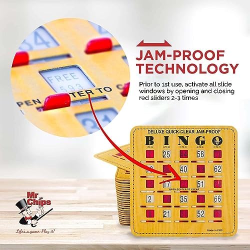 MR CHIPS Jam-Proof Bingo Cards with Sliding Windows, 50 Reusable Shutter Cards, 75 Calling Cards 1 Master Board in Woodgrain Style