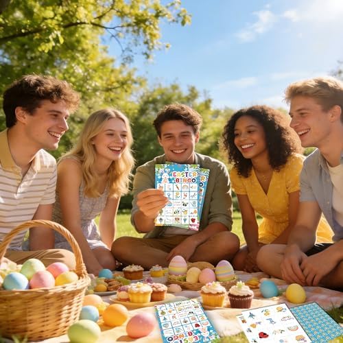 24 Pack Easter Bingo Game Cards - Spring Egg Hunt Party Activities for Adults & Family, 5x7 Inch Premium Cardstock, Bunny & Easter Egg Themed Party Supplies - Includes Caller & Player Chips