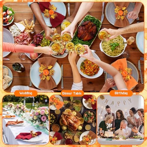 LemonRoad 36 Pcs Cloth Napkins and Napkin Ring Holders, Reusable Fabric for Table Decor Banquet Holiday Dinner Party Supply(Orange,White, Burgundy, Coffee,Fall)