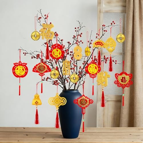 KYMY Chinese New Year Hanging Ornaments Set – 42pcs Red & Gold Lucky Decorations with Coins, Fu Charms & Lanterns, 2026 Zodiac Horse Year Spring Festival Pendants for Tree, Branch & Home Decor