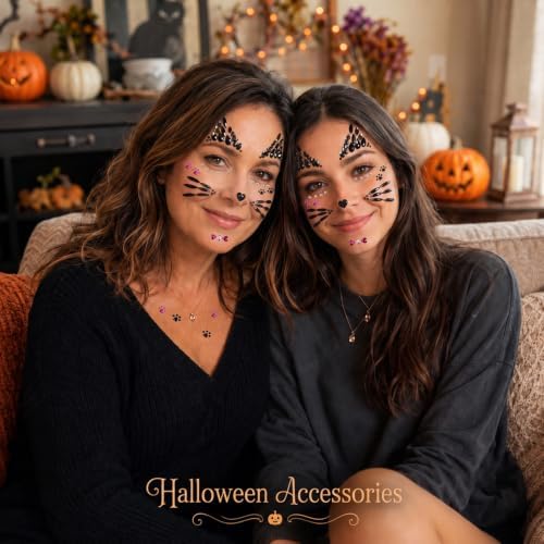 Voiiake Crystal Cat Face Gems Stickers, 2-Sheet Cat Print Gem Jewels, Black Cat Costume Women Accessories for Halloween Makeup