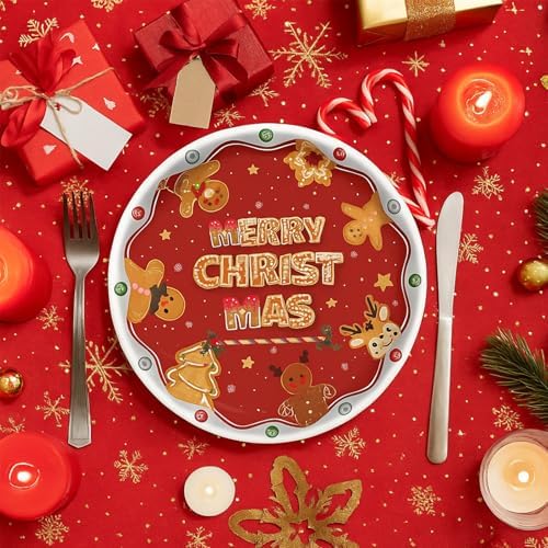 50 Count Christmas Paper Plates 9 Inch Dessert Plates Disposable Tableware Gingerbread Appetizer Plates for Cookie Dinner Brunch Merry Christmas Gender Reveal Party Decorations Supplies