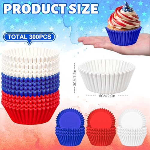 Whaline 300Pcs Patriotic Cupcake Liners 4th of July Blue Red White Standard Muffin Cupcake Wrappers Disposable Baking Cups for 250th Anniversary Independence Day Birthday Party Supplies Table Decor