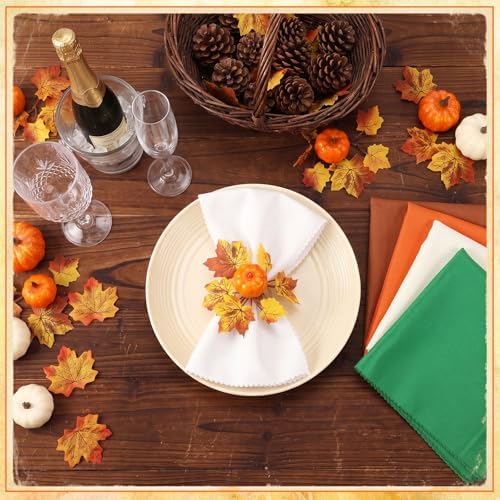 LemonRoad 36 Pcs Cloth Napkins and Napkin Ring Holders, Reusable Fabric for Table Decor Banquet Holiday Dinner Party Supply(Orange,Coffee, White, Green,Fall)