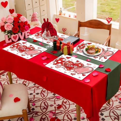 6 Set Valentine's Day Placemats, 11x16 Inch Love Heart and Bead Plastic Placemats Red Pink Hearts Spring Holiday Table Mats for Wedding Party Festival Decor