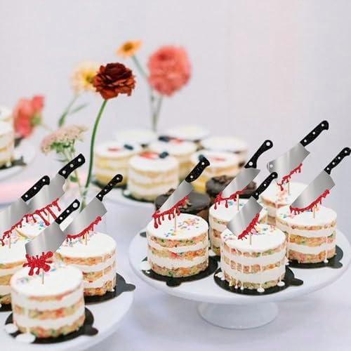 Rsstarxi 24 Pack Halloween Blood Knife Cupcake Toppers Glitter Blood Knife Cupcake Picks Blood Splatter Knife Cake Decorations for Horror Crime Scene Halloween Birthday Party Cake Decorations Supplies