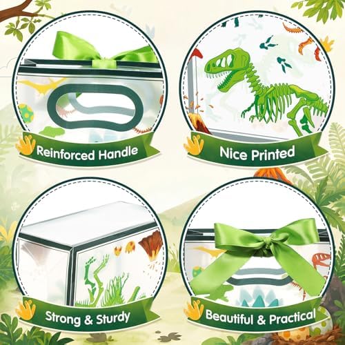 Capoda 24 Pack Dinosaur Party Favor Bags, Clear Gift Bags with Handles and Green Ribbons, Dino Goodie Treat Bag, Transparent Favor Bag for Birthday Party Supplies, Baby Shower, Classroom Rewards