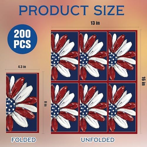 4th of July Disposable Paper Napkins, 200 Pcs Patriotic Flower Napkins for Bathroom Paper Towels for Guests, Red White Blue Napkins for Independence Day Memorial Day Patriotic Party Supplies