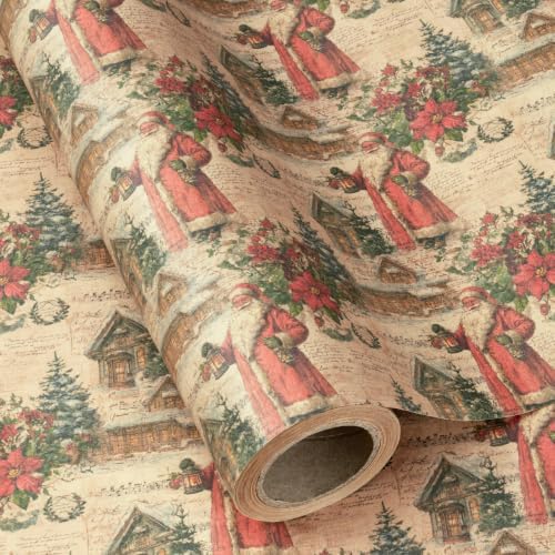 RUSPEPA Kraft Vintage Christmas Wrapping Paper Roll, Mini Roll, Classic Santa with Snowy Village & Poinsettia Design, Kraft Rustic Gift Wrap for Family, Holiday, Christmas, 17 Inches x 16.4 Feet