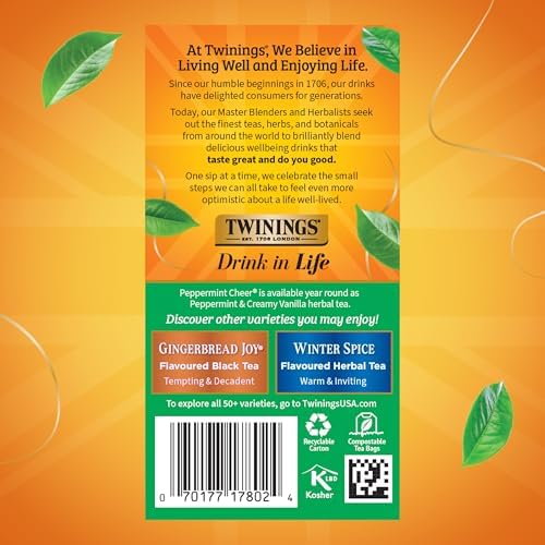 Twinings Peppermint Cheer Herbal Tea Individually Wrapped Bags, 20 Count (Pack of 1), Peppermint & Vanilla, Naturally Caffeine-Free, Enjoy Hot or Iced, 20 Teabags