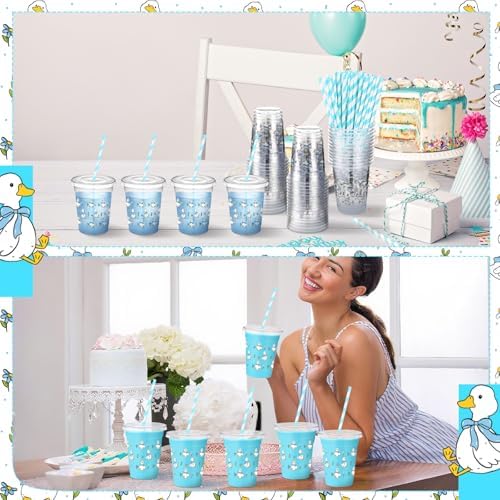 Jingmore 50 Pcs One Silly Goose Party Disposable Plastic Cups 12 oz with Lids Straws Themed Party Supplies Plastic Tumbler for Birthday Table Decorations Favors(Blue)