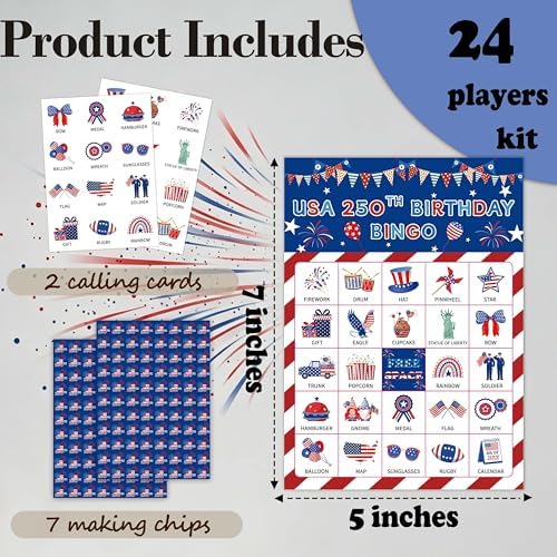 USA 250th Birthday Bingo Cards, 4th of July Patriotic Bingo Game for Adults Party, Independence Day Bingo Cards, Memorial Day Summer Activity, 24 Players Patriotic Party Supplies Favors, 023