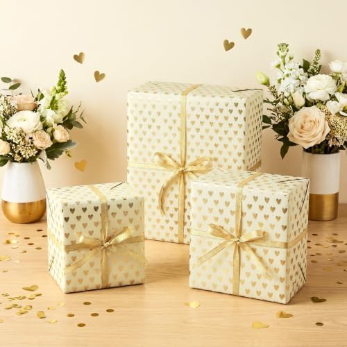 RUSPEPA Heart Wrapping Paper Roll, Mini Roll, Gold Foil Heart Design, Elegant Gift Wrap Paper with for Wedding, Valentines Day, Bridal Shower, Engagement, Anniversary, Birthday, 17 In x 9.8 Ft