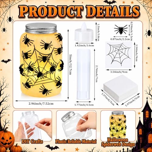 Qinyoung 12 Pcs Halloween Spiderweb Craft Spiders Mason Jars with LED Light