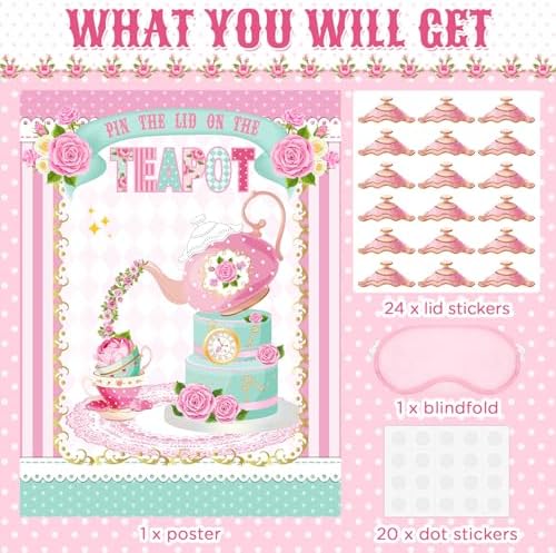 Faccito Tea Party Games Pin The Lid on The Teapot with 24 Lid Stickers Pink Blindfold Floral Poster Pin Games Set Birthday Decorations for Women Let's Par Tea Birthday Party Activity Supplies