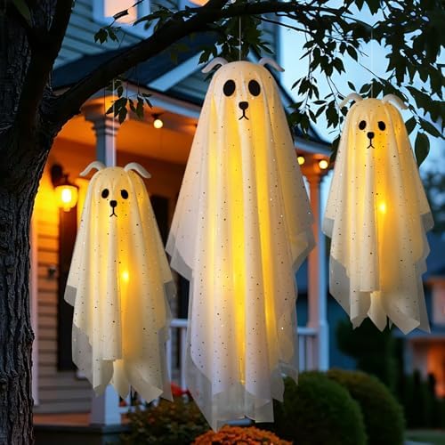 Halloween Decorations Outdoor, 3 Pack Lighted Dog Ghost Hanging Decor
