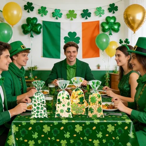 St. Patricks Cellophane Treat Bags – 50 Pack Green Shamrock Goodie Gift Bags with Twist Ties, 5×11 Inch Clear St. Patricks Candy Cookie Bags for St. Patrick Day Irish Party, Classroom, Holiday Favors