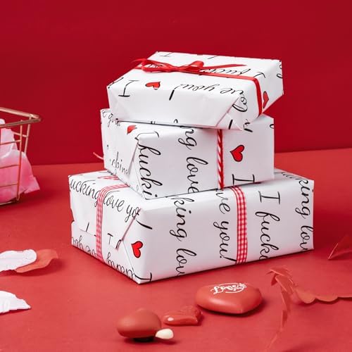 WRAPAHOLIC Funny Rude Valentines Day Wrapping Paper Roll - Mini Roll - 17 Inch x 16.5 Feet - I Fucking Love You Funny Wrapping Paper for Valentine's Day, Wedding, Anniversary, Adults Birthday