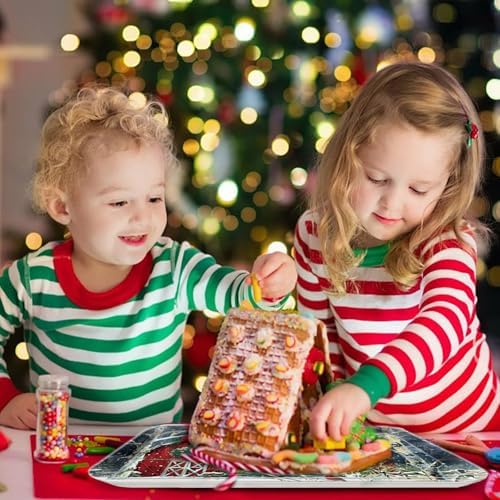 4-Piece 15 x 11 Inch Christmas Serving Tray Set, Melamine Reusable Platters with Red Barns, Snowmen, Horses, and Truck, Holiday Party Snack, Fruit, Dessert, and Candy Dishes
