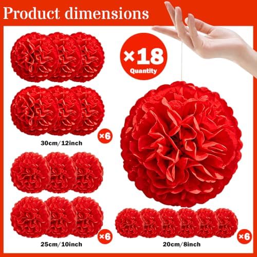 Recosis Red Party Decorations, 18 Pcs Paper Pom Poms Decorations