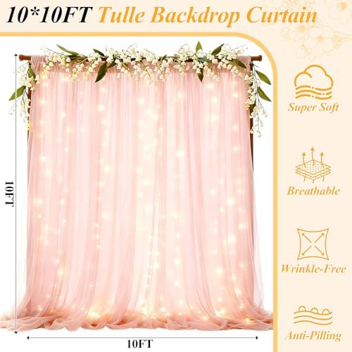 Ledido 10×10ft Pink Tulle Backdrop Curtain with Light(2 Panels 5×10ft)