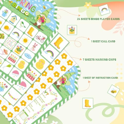 YQUQWN Spring Bingo Game 24 Players, Spring Party Bingo Cards Set, Spring Party Games for Adults, Birthday Holiday Spring Activities