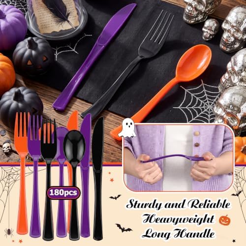 Minatee 180 Pcs Halloween Plastic Silverware Heavy Duty Cutlery Sets Disposable Utensils for Holiday Birthday Themed Party Supplies, 60 of Each Forks Knives Spoons