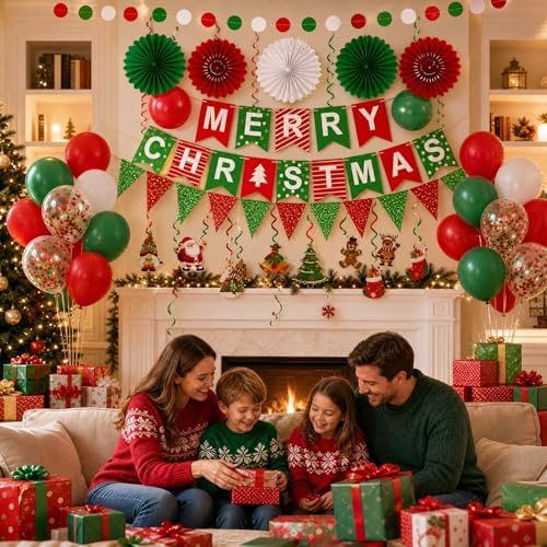 Fecedy MERRY CHRISTMAS Hanging Paper Banner Paper flower Fan Swirl Streamers Triangular Bunting Circle garland latex balloons Claus Banner For Merry Christmas Party Decorations