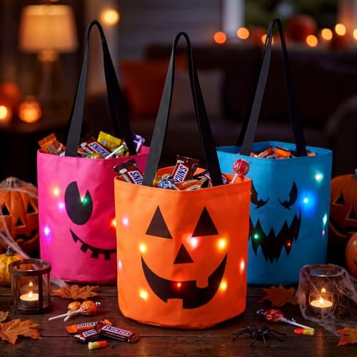 Sadnyy 3 Pcs Halloween Trick or Treat Bag Light Up,Orange,Pink,Blue
