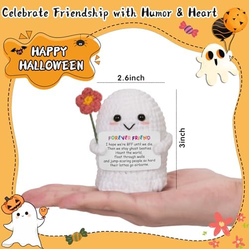Best Friend for Women Friendship Ornaments - Handmade Crochet Ghost Decor with Funny Boo BFF Message Card, Halloween Stocking Stuffers, Cute Birthday Gift for Bestie Soul Sister