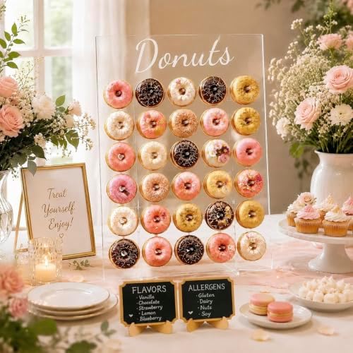 Large Acrylic Donut Wall Display Stand with 30 Pegs and 2 Chalkboard Signs