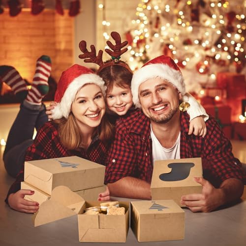 KPOSIYA 36 Pack Christmas Cookie Boxes for Gift Giving, 6x6x3 Inch Brown Bakery Box With Window, Large Holiday Cookie Tins With Lids, Small Xmas Treat Box for Pastry Dessert Cupcakes Packaging