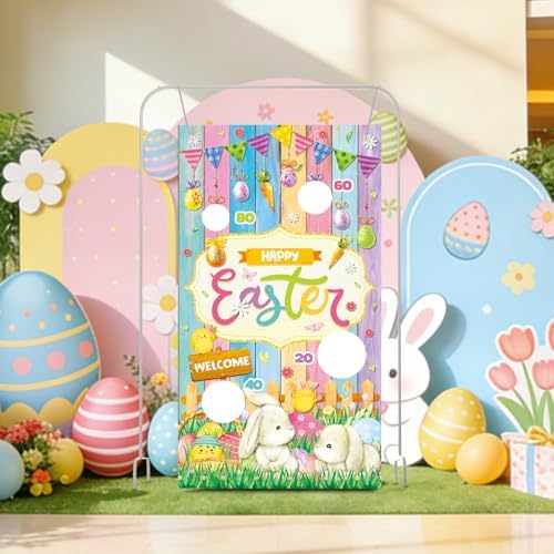 Easter Party Games Set Bean Bag Toss Game for Adults Banner with 4 Bean Bags for Tossing Bunny Egg Easter Party Decoration Indoor Outdoor Festive Decor
