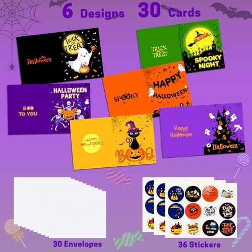 NEBURORA 30 Pack Halloween Greeting Cards with Envelopes and Stickers for Happy Halloween Party Favors Gifts Bag Fillers